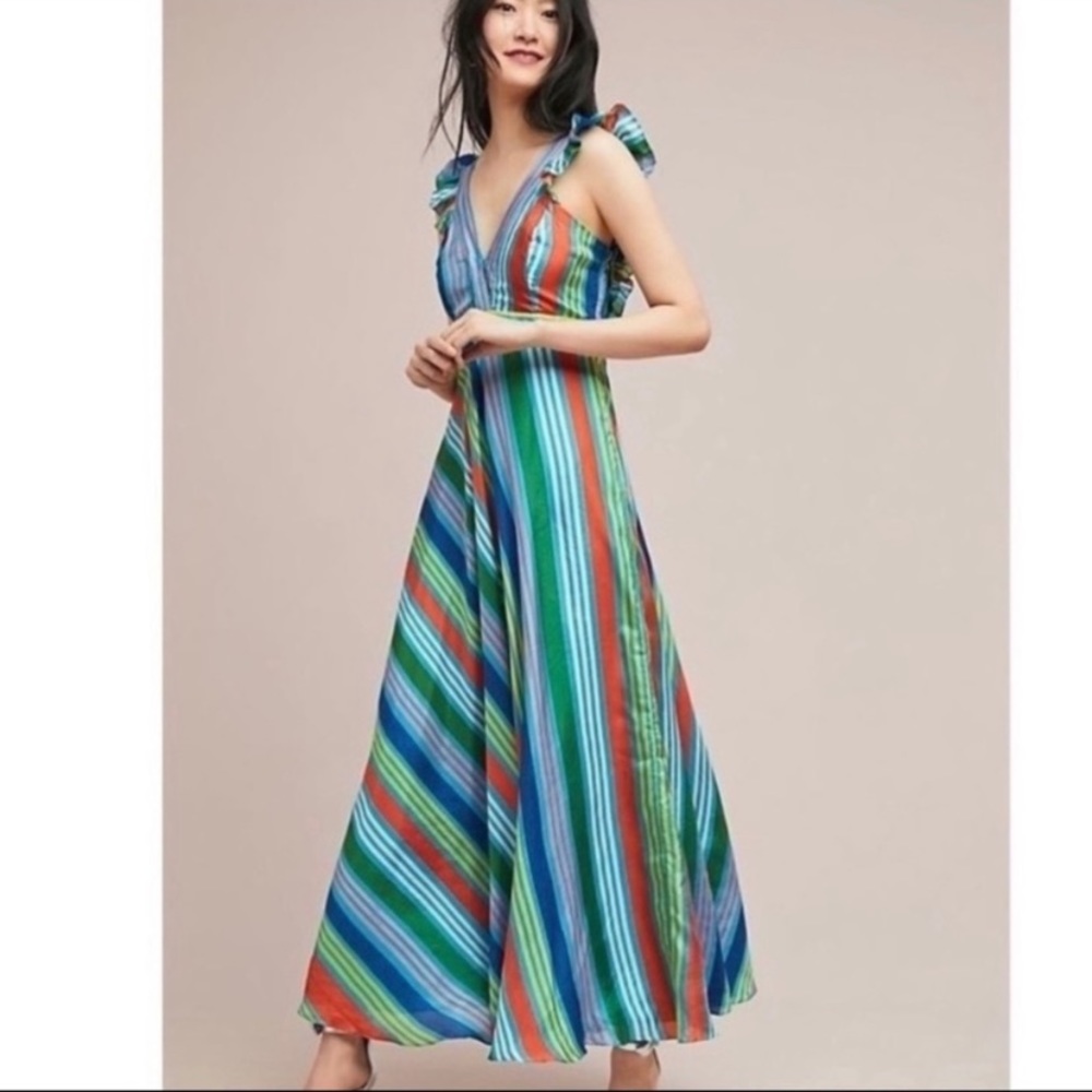 Anthropologie Anupamaa Summer School Turquoise Striped Silk Midi Dress